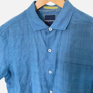 Tommy Bahama Mens Shirt Size Medium Linen Blend Short Sleeve Blue Textured